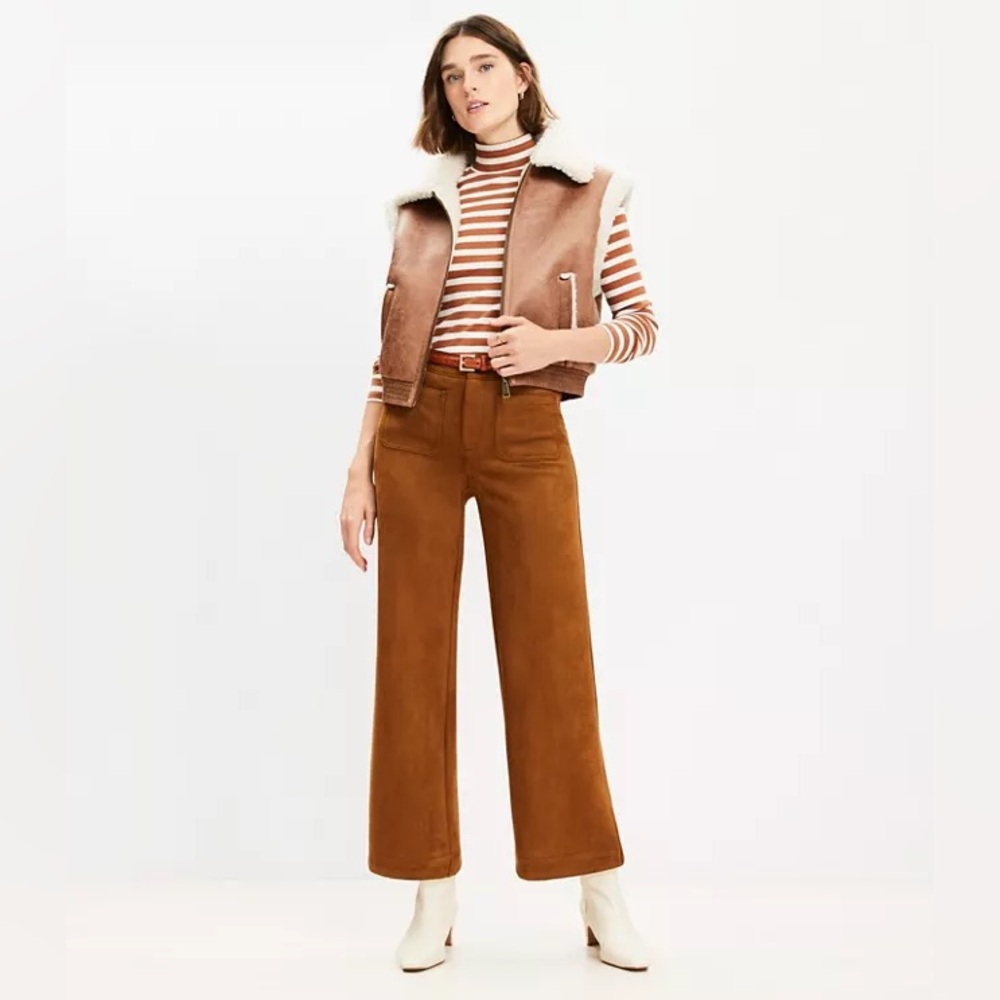 LOFT The Palmer Wide Leg Faux Suede Cropped Pants – Women’s 6P – Brown - Picture 2 of 6